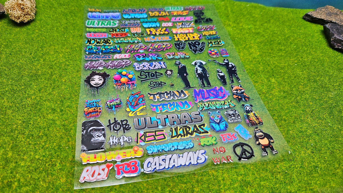 86x Graffiti "Tags" & Streetart" Aufkleber für Spur H0, N und TT