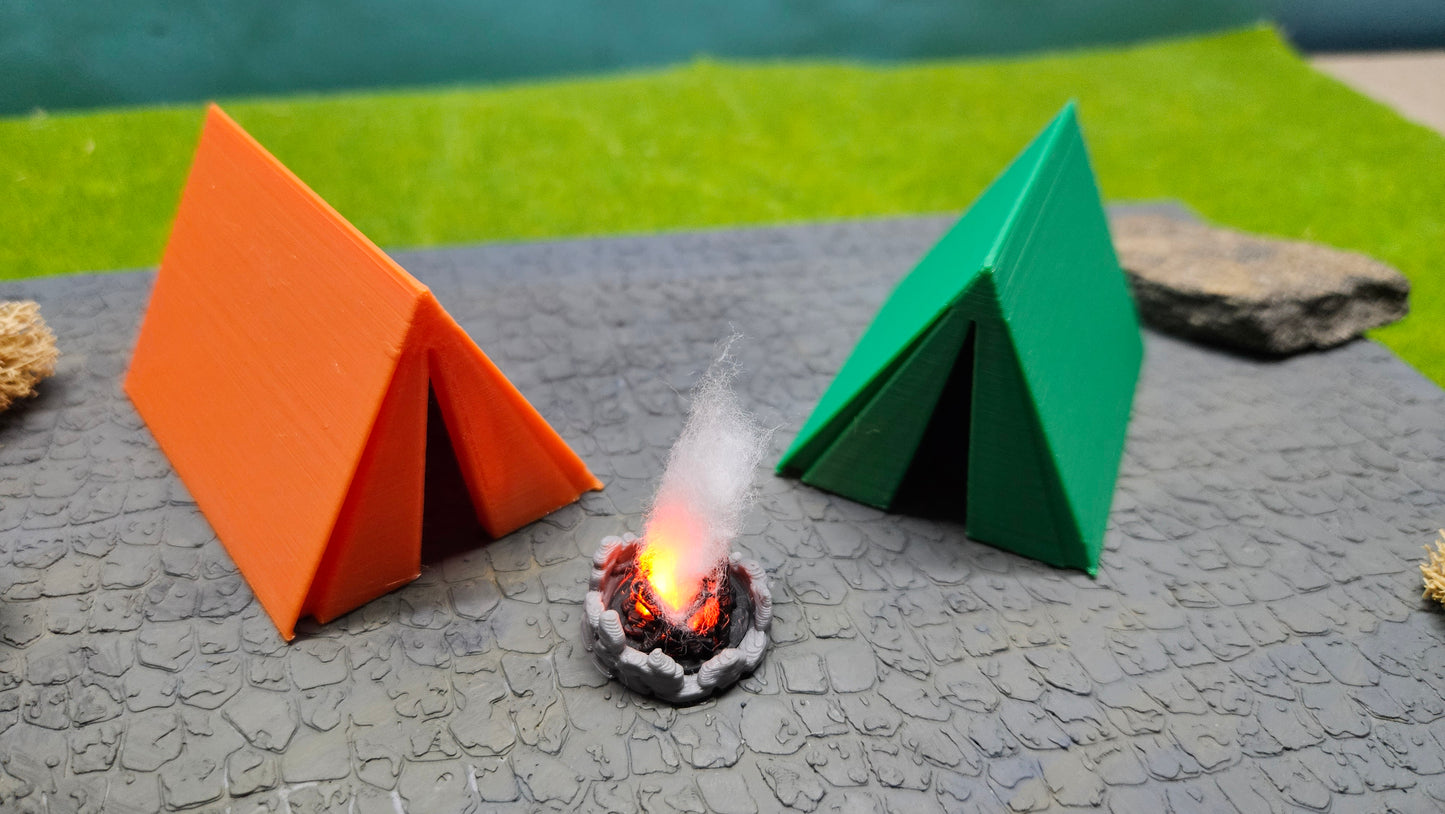 Campingplatz-Set Spur 0 (1:45) – 2 Zelte mit Lagerfeuer & Feuer-LED