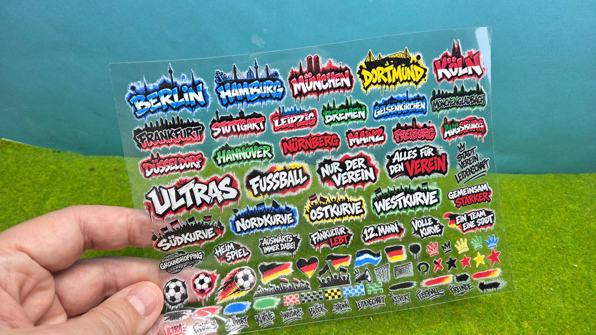 55x Graffiti "Vereine + Städte" Aufkleber für Spur H0, N und TT