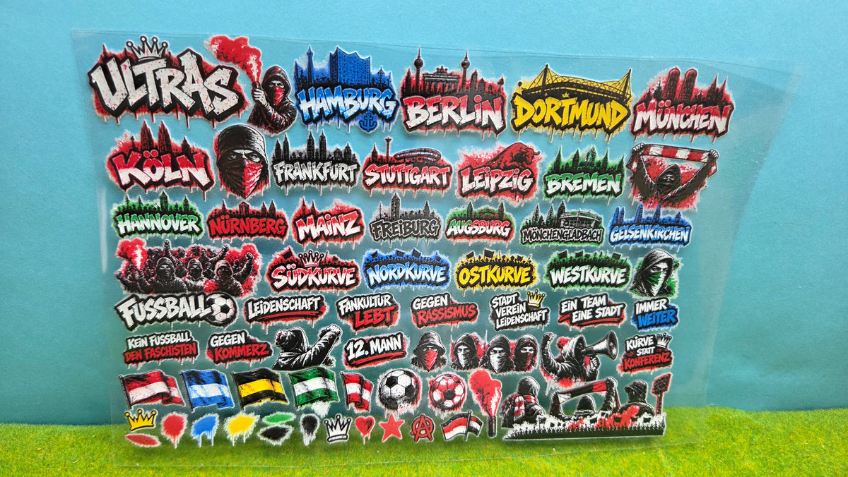 55x Graffiti "Vereine + Städte" Aufkleber für Spur H0, N und TT