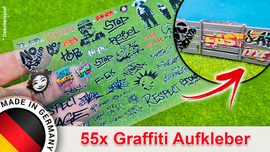 55x Graffiti & Tags Aufkleber deckend für Spur H0, TT, N und Z