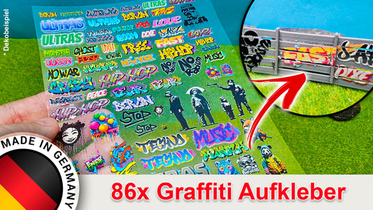 86x Graffiti "Tags" & Streetart" Aufkleber für Spur H0, N und TT