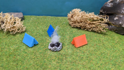 3 Zelte mit Lagerfeuer für Campingplatz (inkl. Feuer-LED)