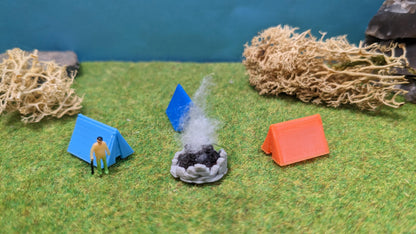 3 Zelte mit Lagerfeuer für Campingplatz (inkl. Feuer-LED)