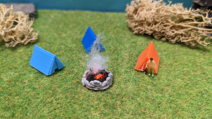 3 Zelte mit Lagerfeuer für Campingplatz (inkl. Feuer-LED)