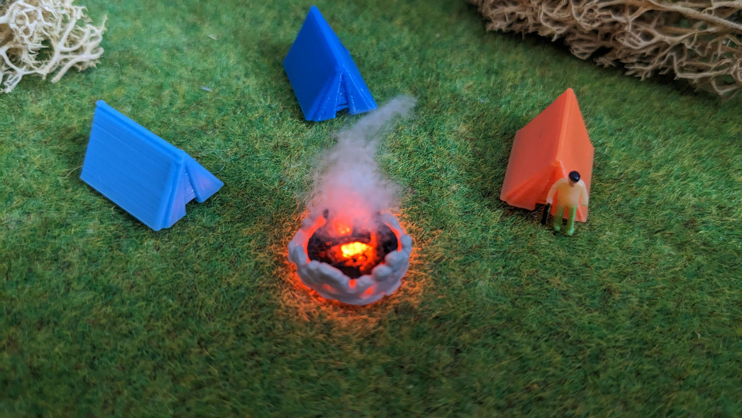 3 Zelte mit Lagerfeuer für Campingplatz (inkl. Feuer-LED)