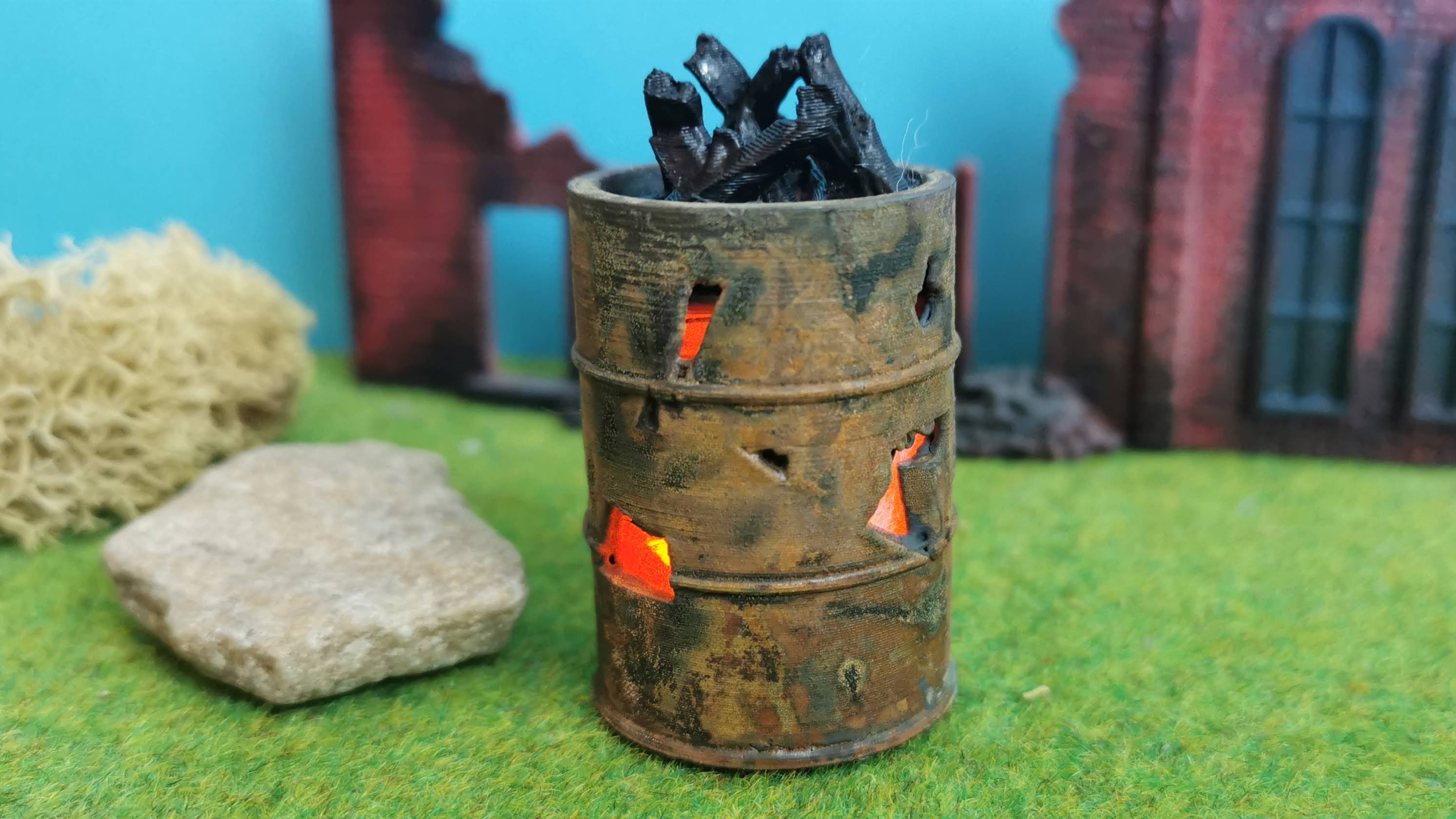 Brennendes Fass XL / Feuertonne mit Flacker-LED (1:18/1:14) – 3D-Scale
