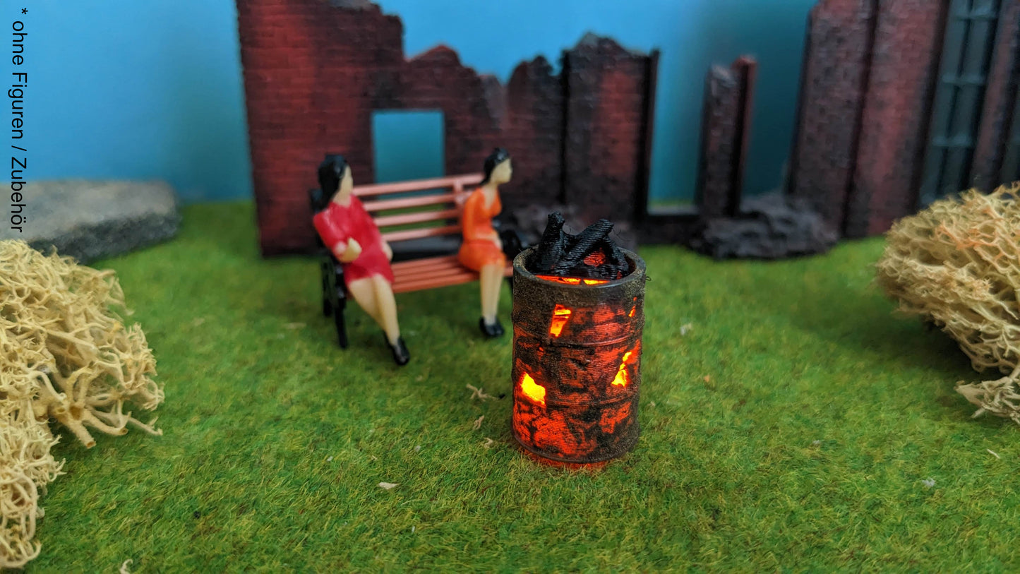Brennendes Fass / Feuertonne mit Flacker-LED (1:45)