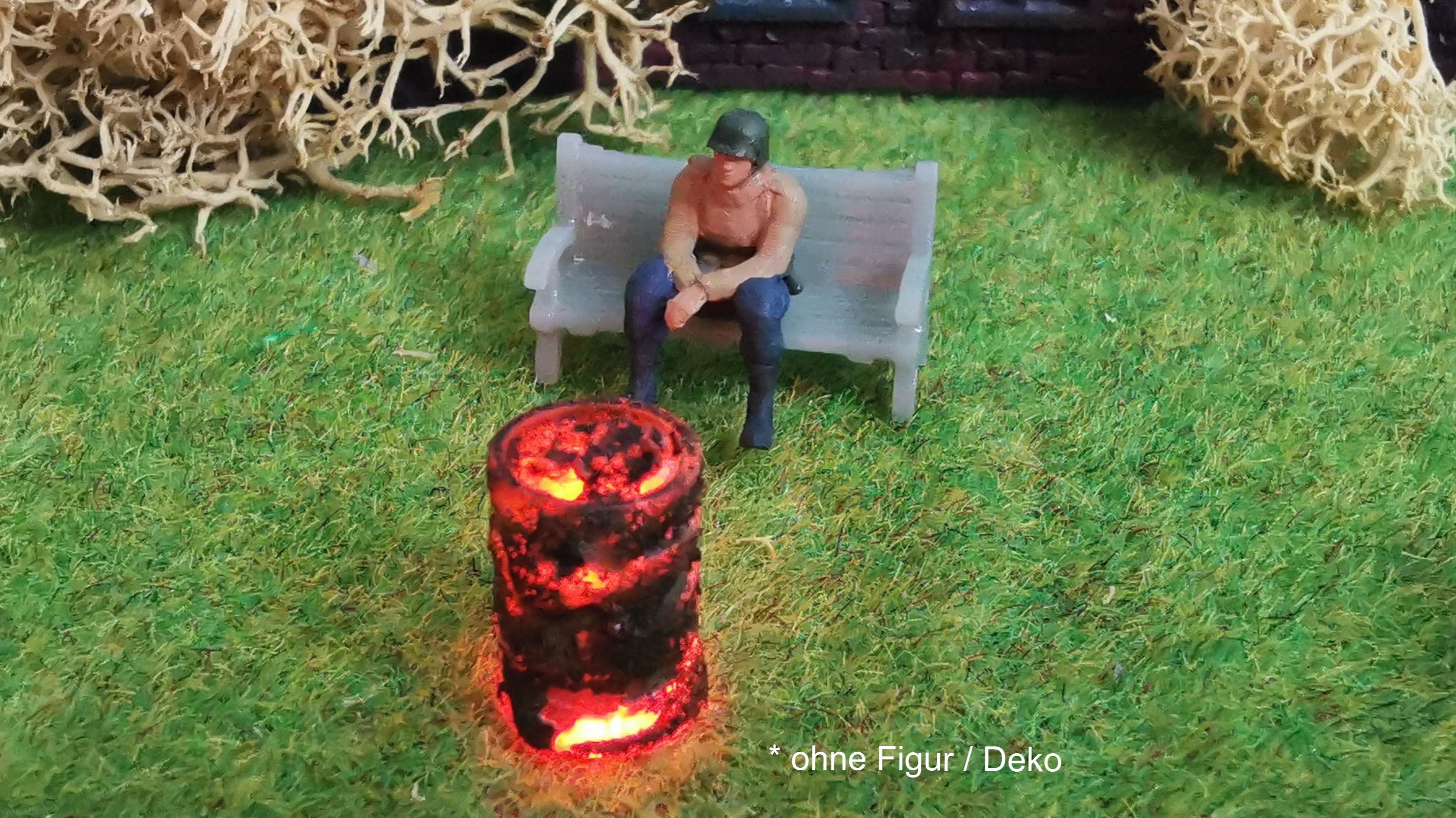Brennendes Fass / Feuertonne mit Flacker-LED für H0 (1:87) – 3D-Scale
