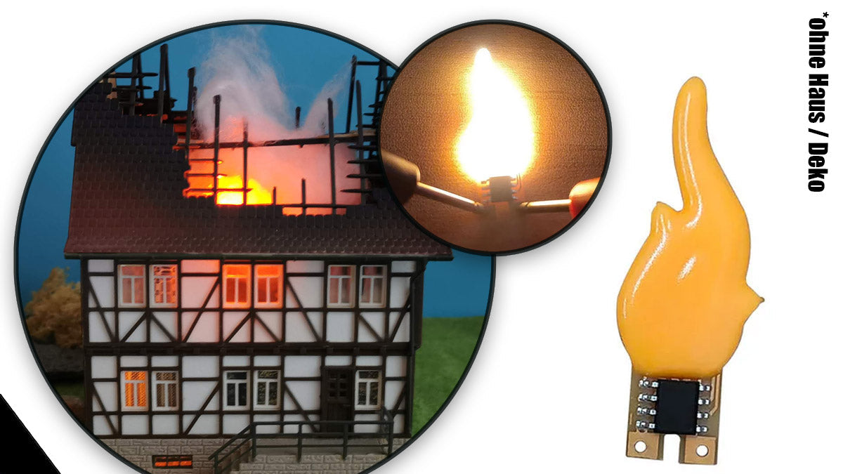 Flackerlicht LED brennendes Haus Brandflackern Flamme Feuer