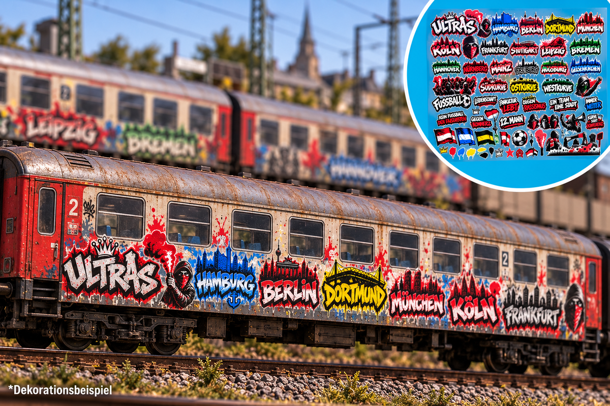 55x Graffiti "Vereine + Städte" Aufkleber für Spur H0, N und TT