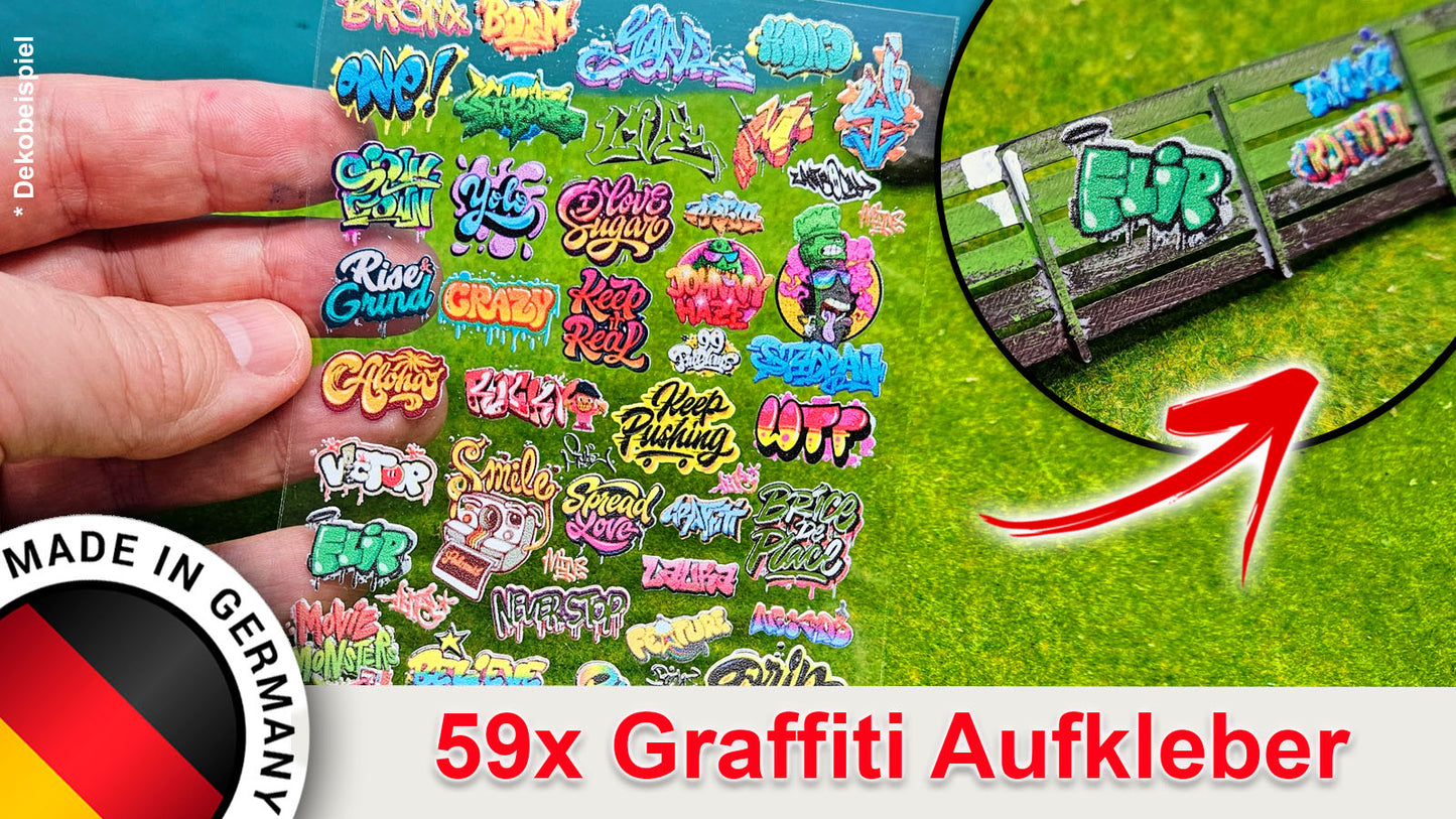 59x Graffiti "Kunstwerke" & Streetart" Aufkleber für Spur H0, N und TT