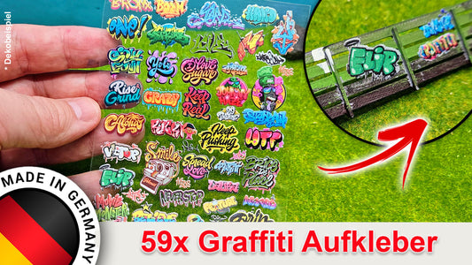 59x Graffiti "Kunstwerke" & Streetart" Aufkleber für Spur H0, N und TT
