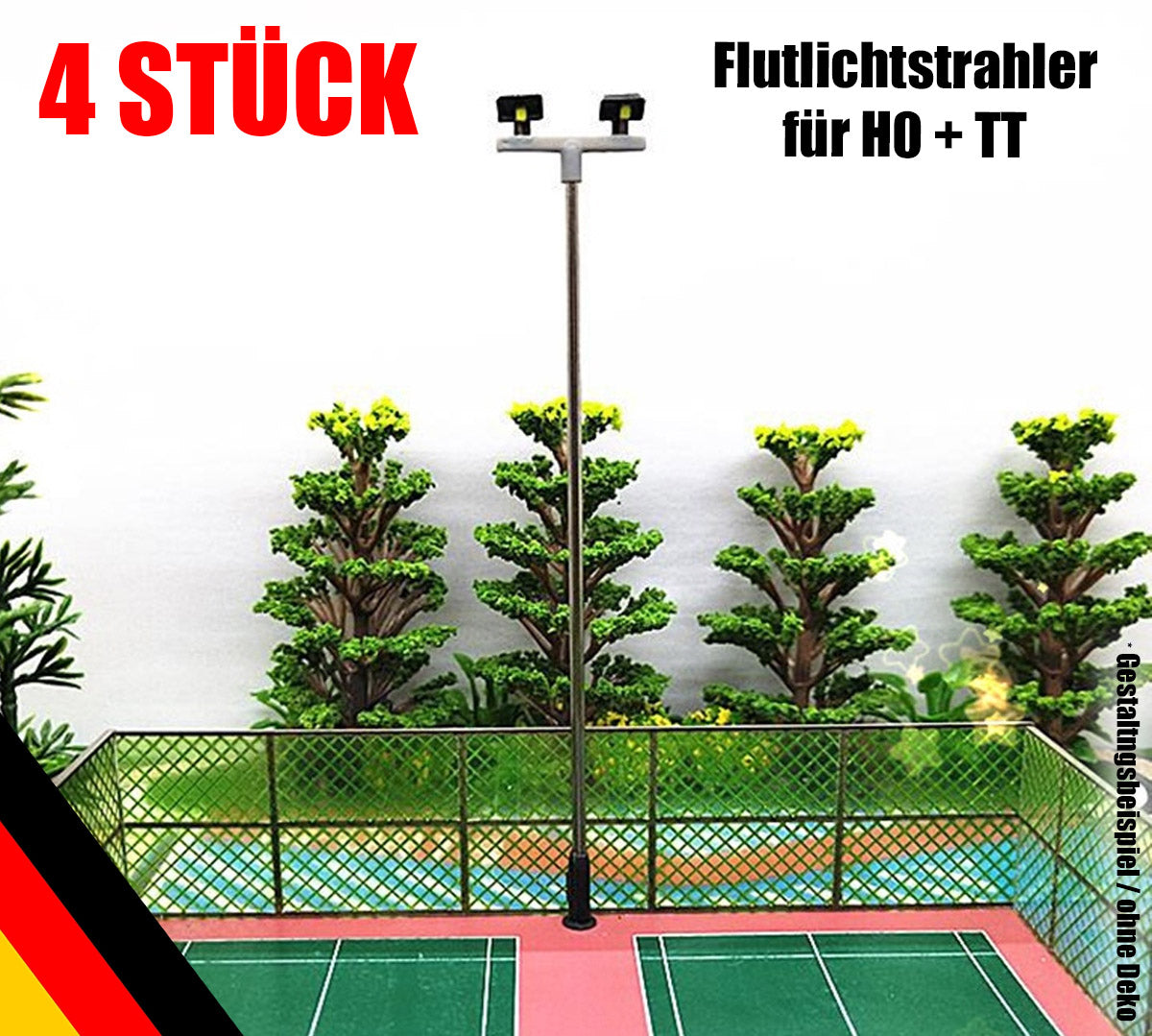 4x Flutlichtstrahler Flutlicht H0 TT 11,5cm mit 2 LED Strahler am Mast Kaltweiß