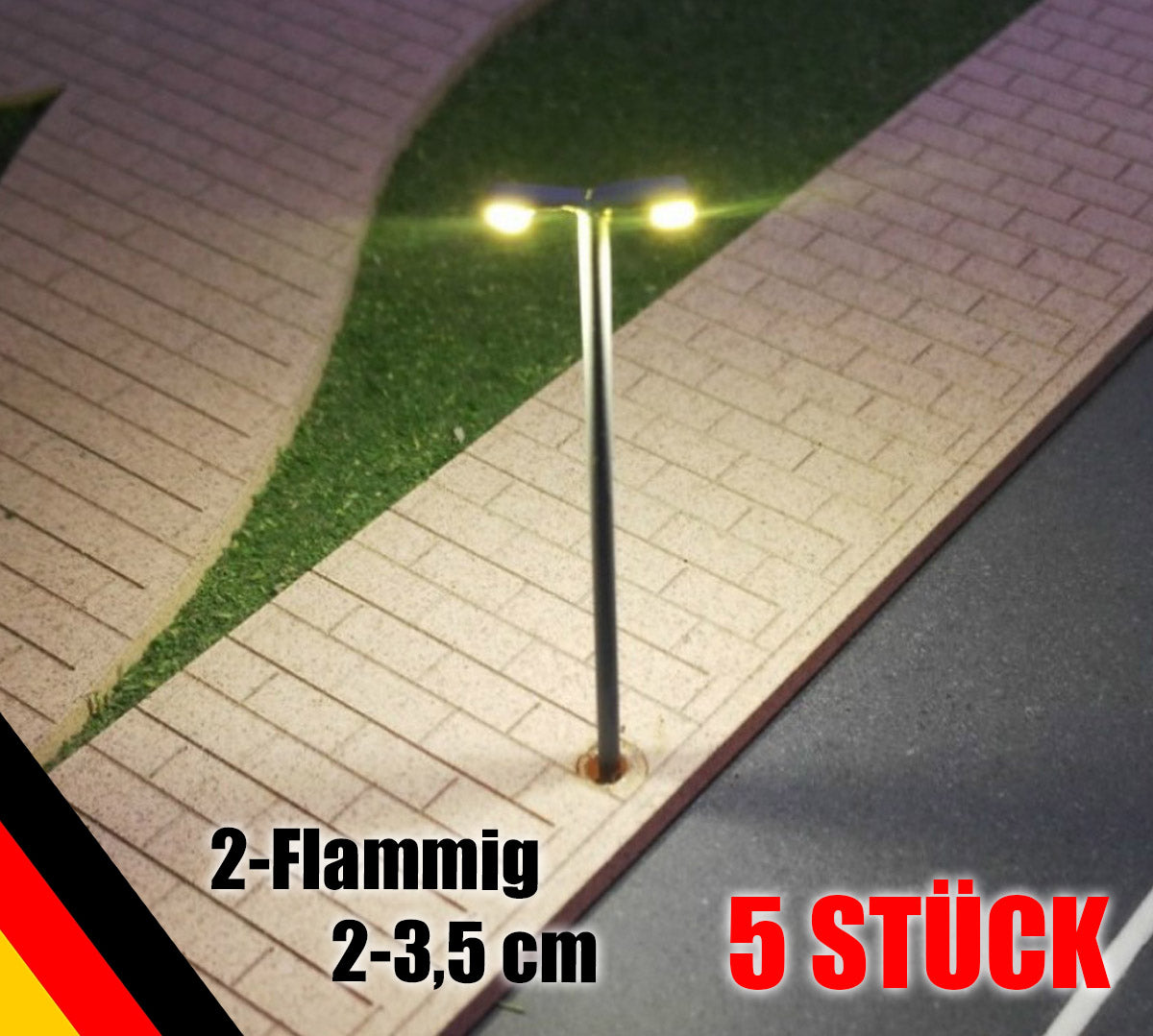 5 Stück LED Doppel Straßenlampen Peitschenleuchten 2-flammig 3-4cm 3V Spur N und Z