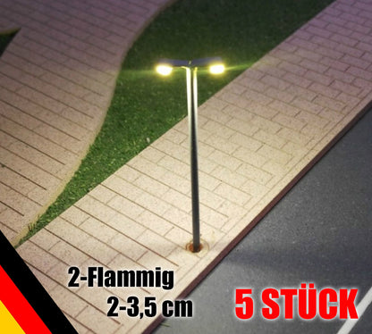 5 Stück LED Doppel Straßenlampen Peitschenleuchten 2-flammig 3-4cm 3V Spur N und Z