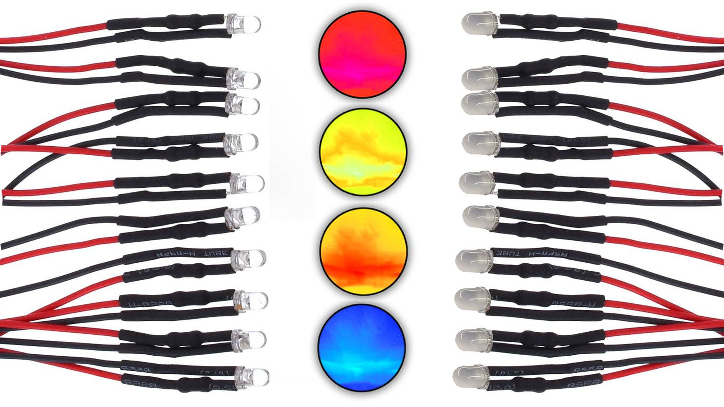 3mm LEDs inkl. Anschlussleitung (9-12V) - klar - diverse Farben