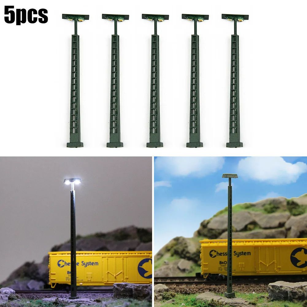 5x Flutlichtstrahler Bahnsteigleuchte H0 TT mit LED Leuchte am Mast