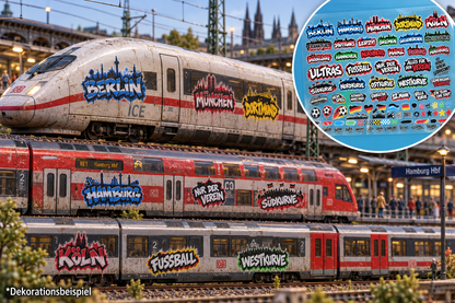 55x Graffiti "Vereine + Städte" Aufkleber für Spur H0, N und TT